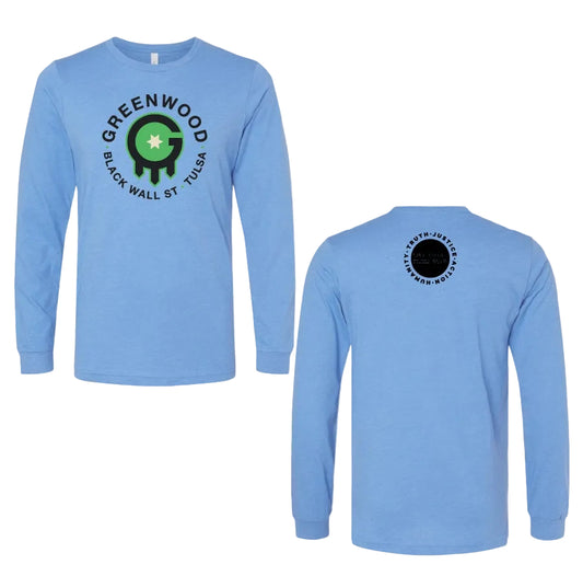 A digital mockup sheet for the 'Greenwood Rising' artwork, showing a black and green circular logo, a color chart, and two light blue t-shirts displaying the graphic designs.